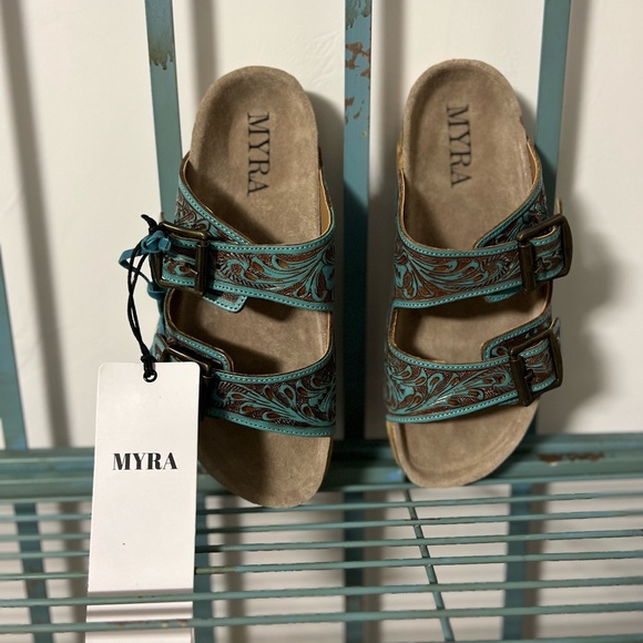 Myra Bag Hand Tooled Genuine Leather Sandals - Picture 2 of 9